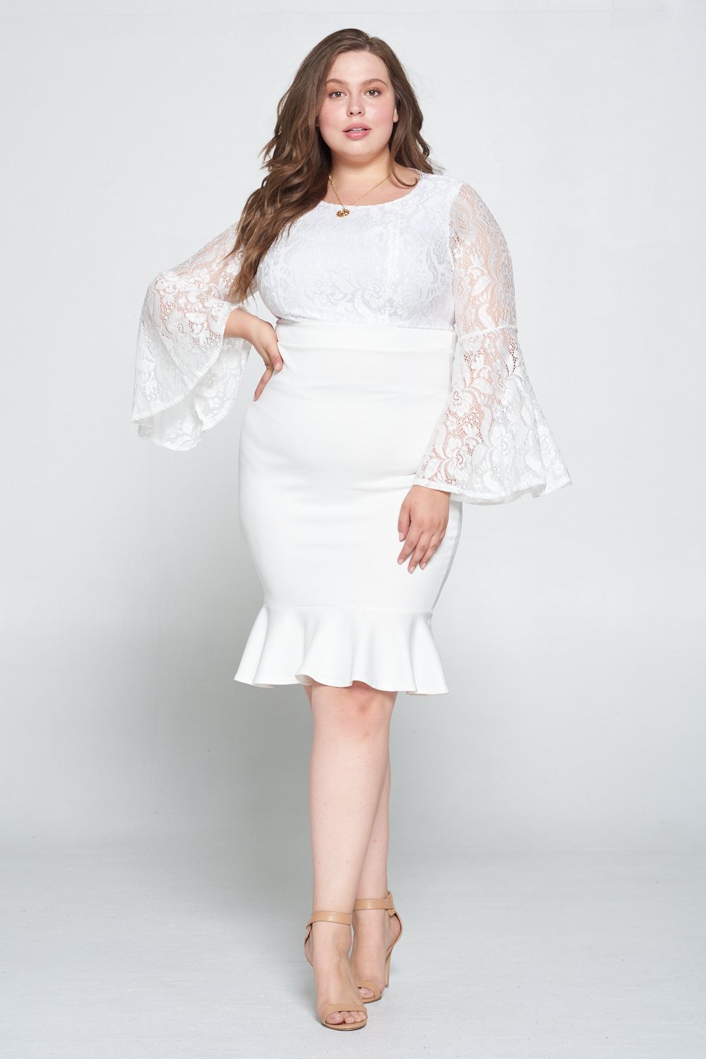 livd L I V D women's trendy contemporary plus size lace dress with bell sleeves and ruffled skirt and invisible zipper MADE IN USA  in ivory white