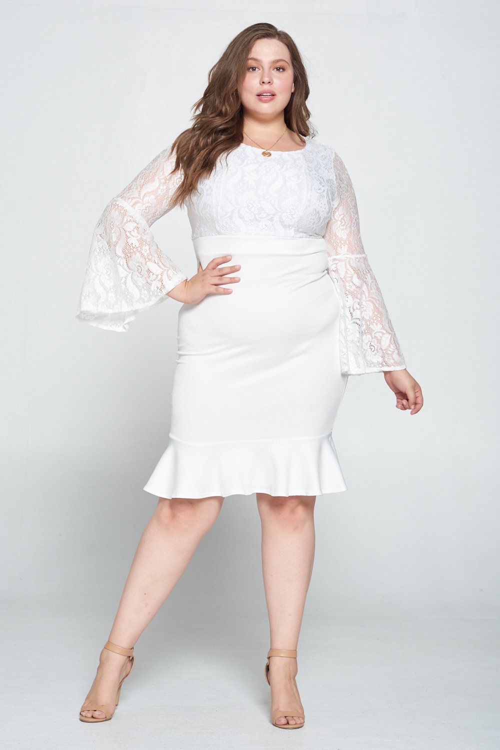 livd L I V D women's trendy contemporary plus size lace dress with bell sleeves and ruffled skirt and invisible zipper MADE IN USA  in ivory white