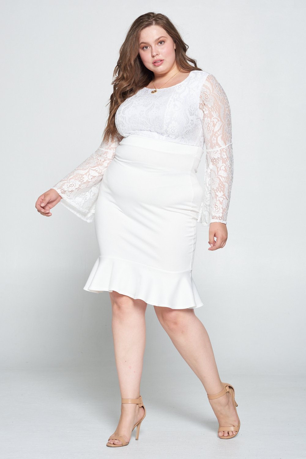 livd L I V D women's trendy contemporary plus size lace dress with bell sleeves and ruffled skirt and invisible zipper MADE IN USA  in ivory white