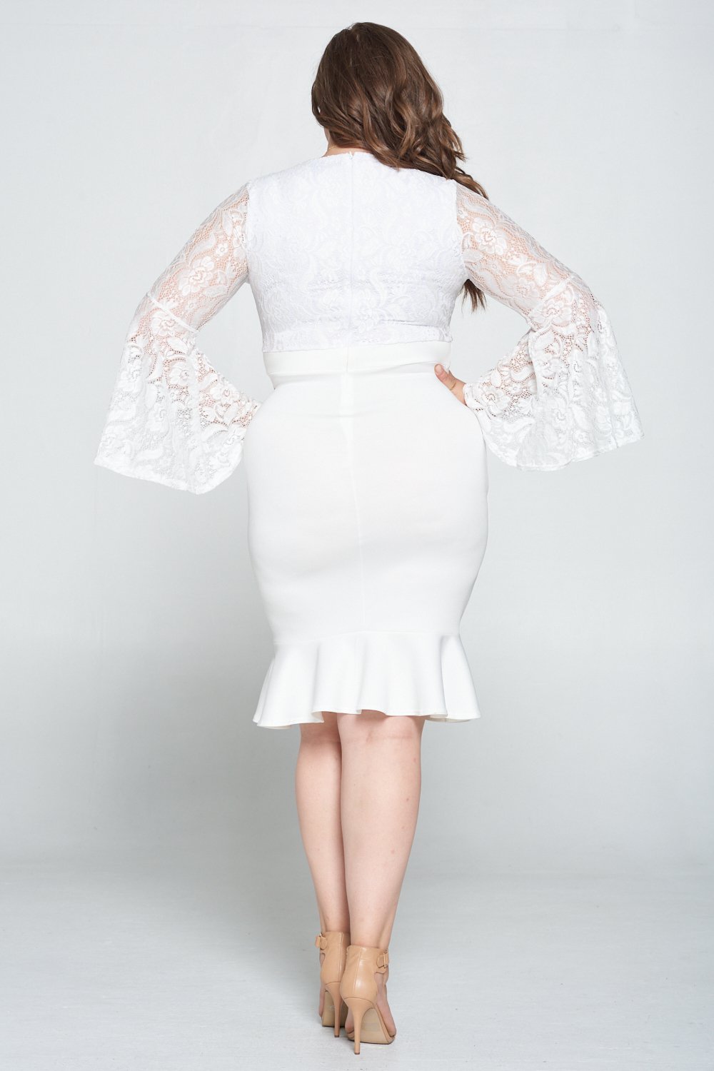 livd L I V D women's trendy contemporary plus size lace dress with bell sleeves and ruffled skirt and invisible zipper MADE IN USA  in ivory white