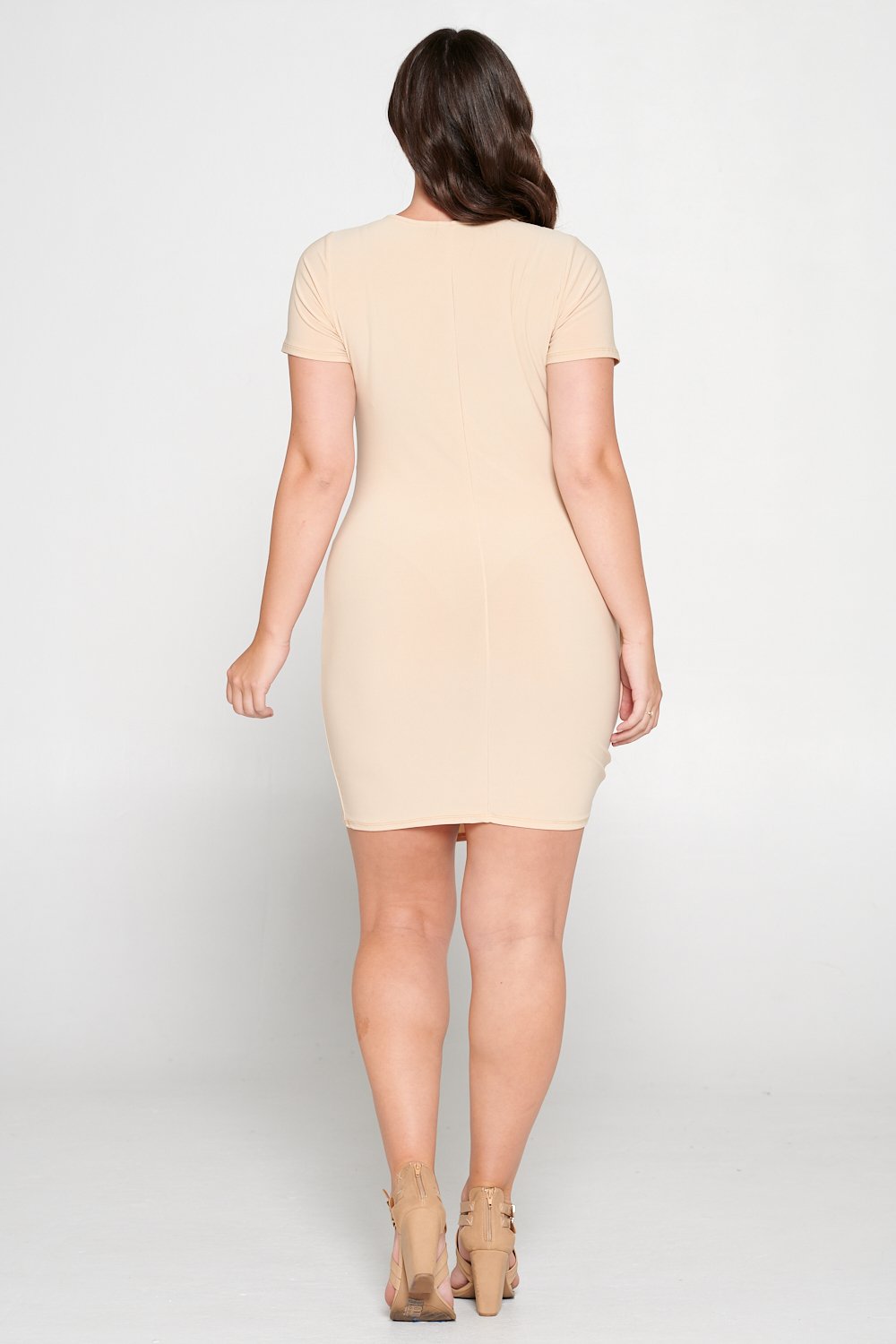 livd L I V D women's trendy contemporary plus size  ruched mini party dress with draping details ity slingky dress in taupe stone beige
