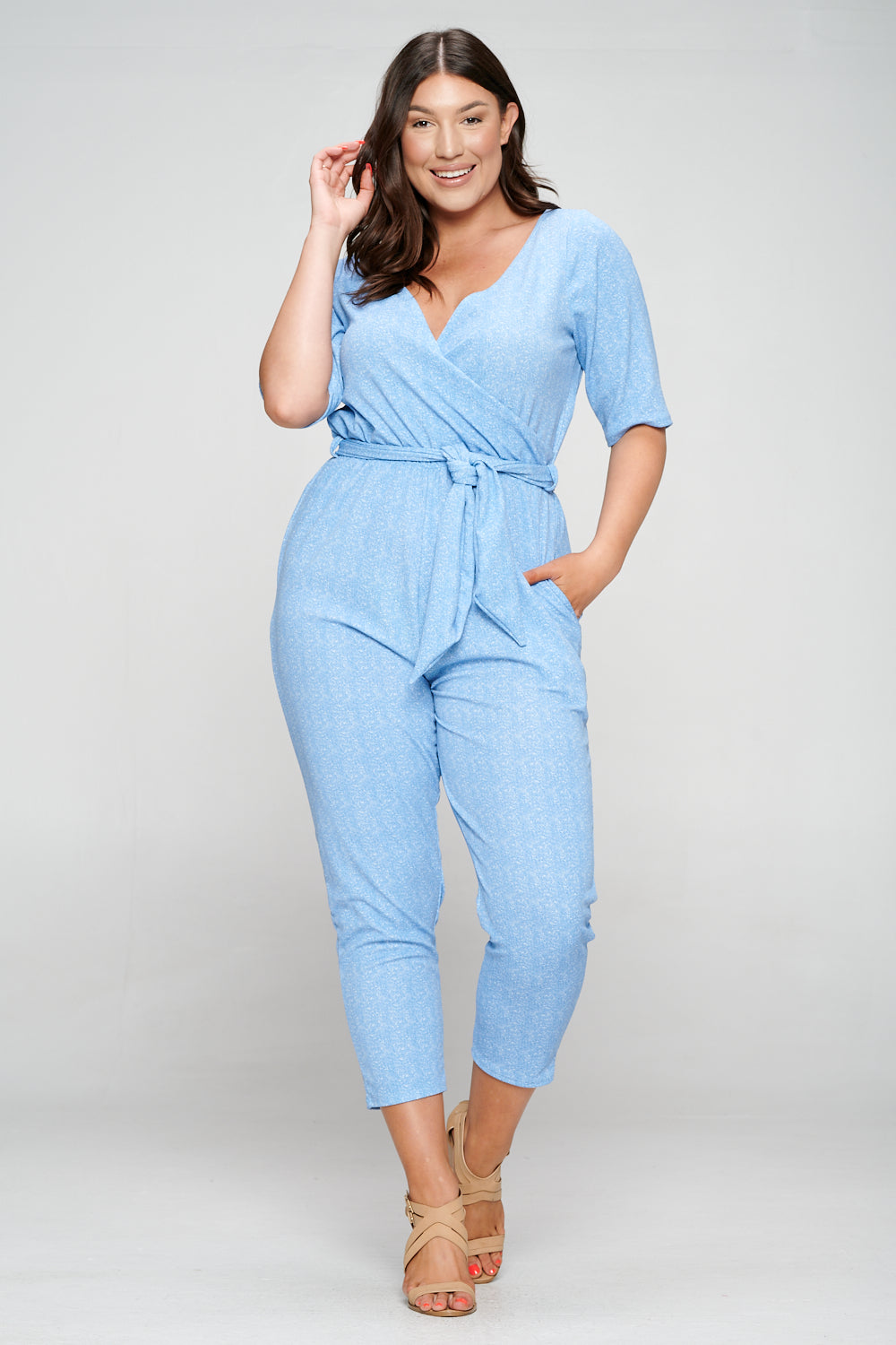 livd apparel plus size boutique contemporary wrap denim jumpsuit waist tie pockets in light blue