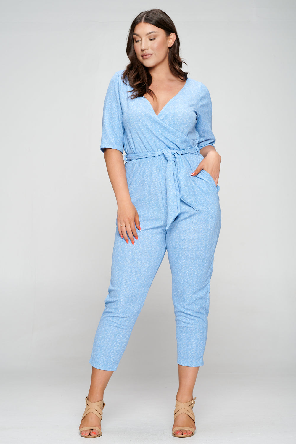 livd apparel plus size boutique contemporary wrap denim jumpsuit waist tie pockets in light blue