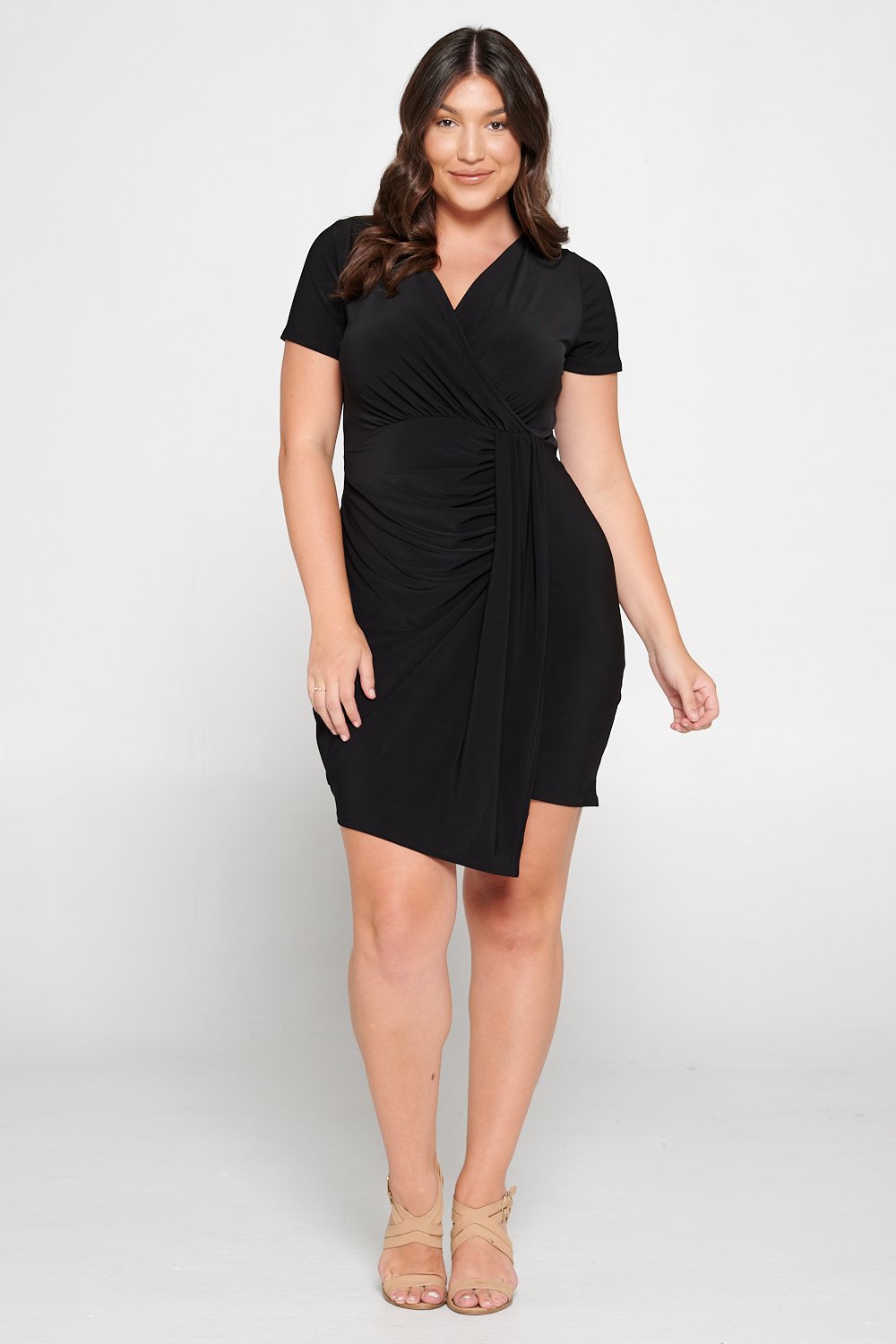 livd L I V D women's trendy contemporary plus size  ruched mini party dress with draping details ity slingky dress in BLACK