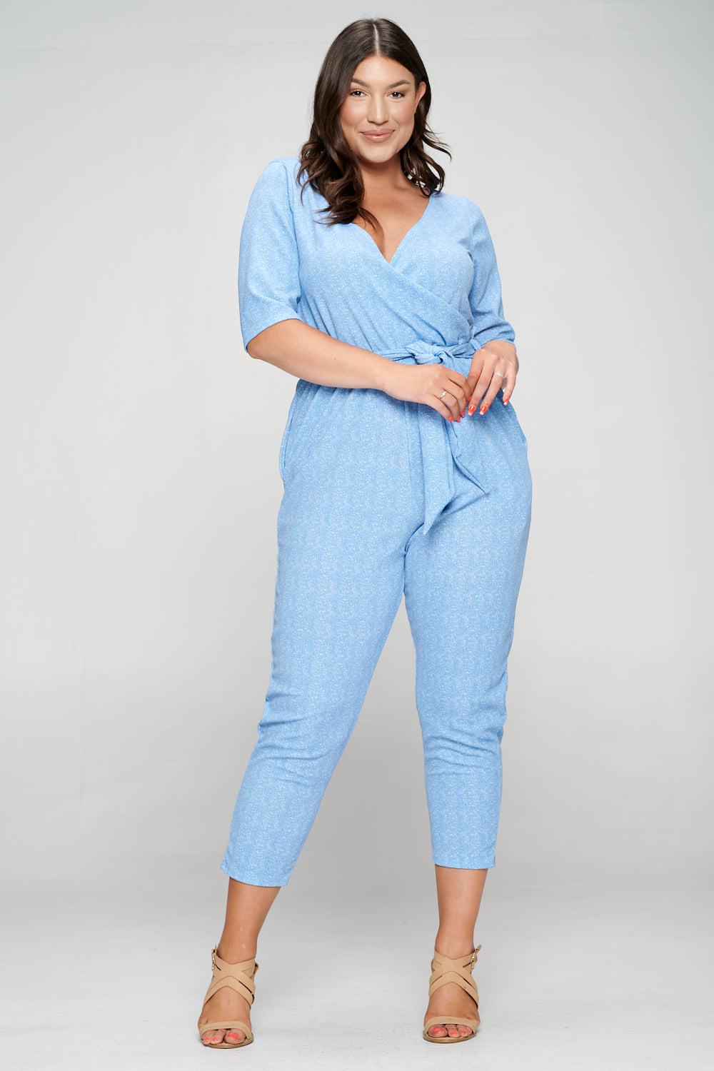 livd apparel plus size boutique contemporary wrap denim jumpsuit waist tie pockets in light blue