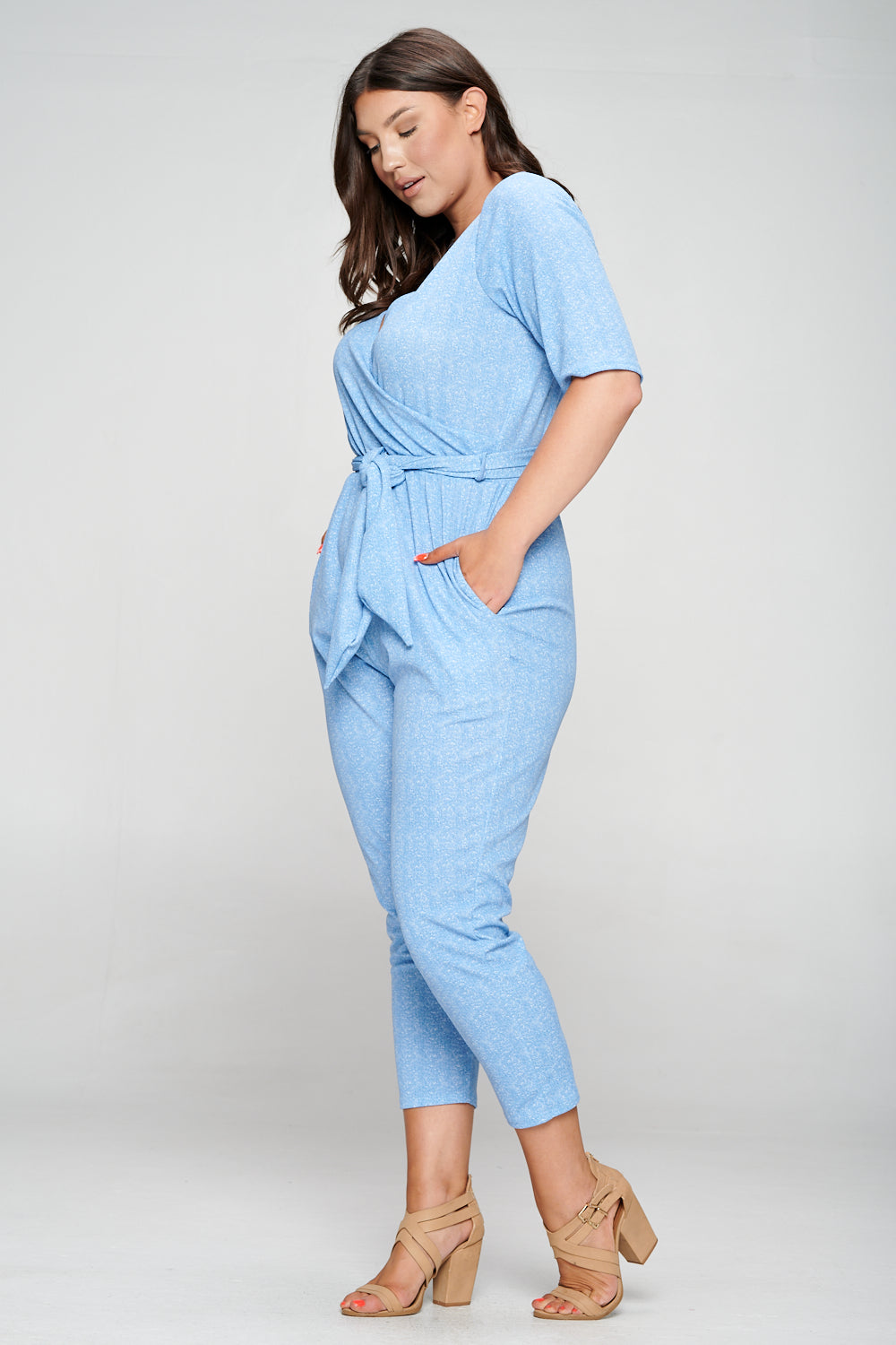 livd apparel plus size boutique contemporary wrap denim jumpsuit waist tie pockets in light blue