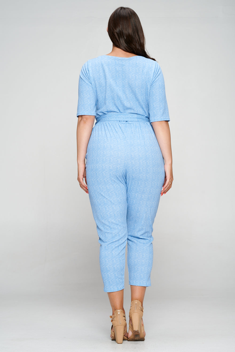 livd apparel plus size boutique contemporary wrap denim jumpsuit waist tie pockets in light blue