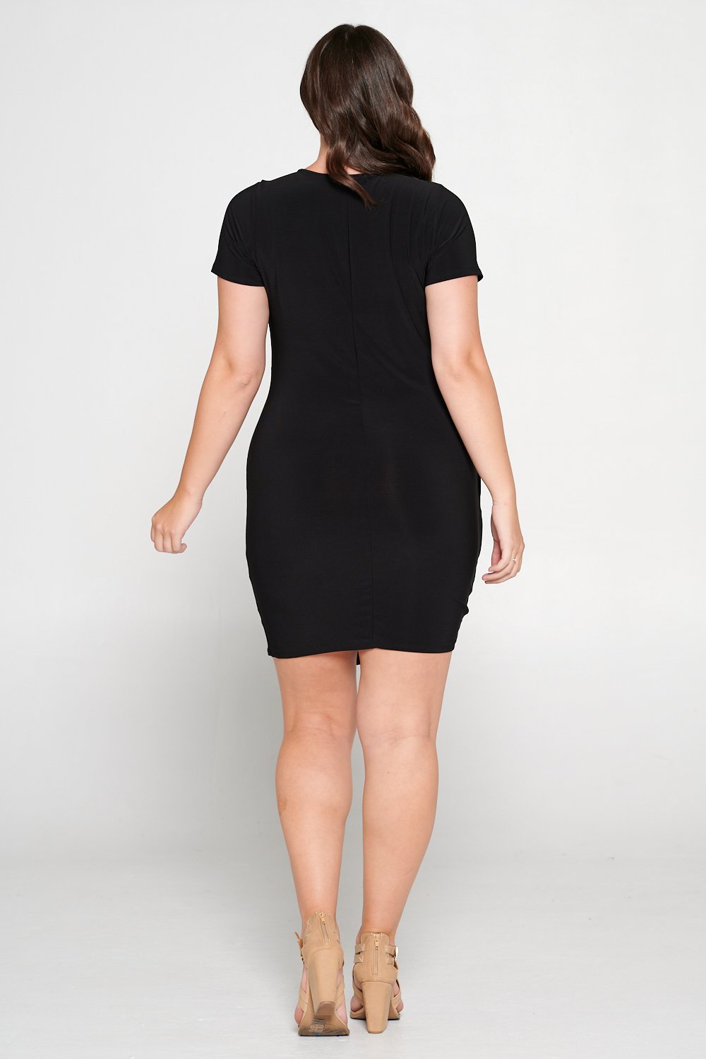 livd L I V D women's trendy contemporary plus size  ruched mini party dress with draping details ity slingky dress in BLACK