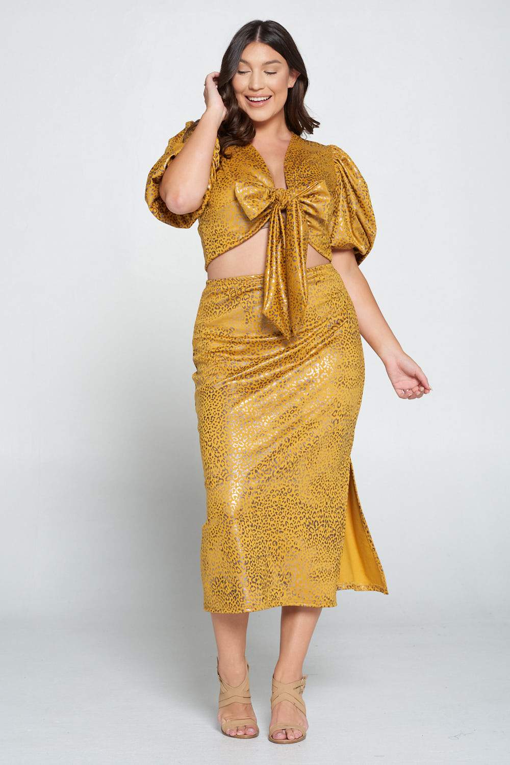 livd L I V D women's trendy contemporary plus size clothing cheetah animal silver foil print wrap top with exaggerated sleeves and high waist midi skirt in mustard yellow 