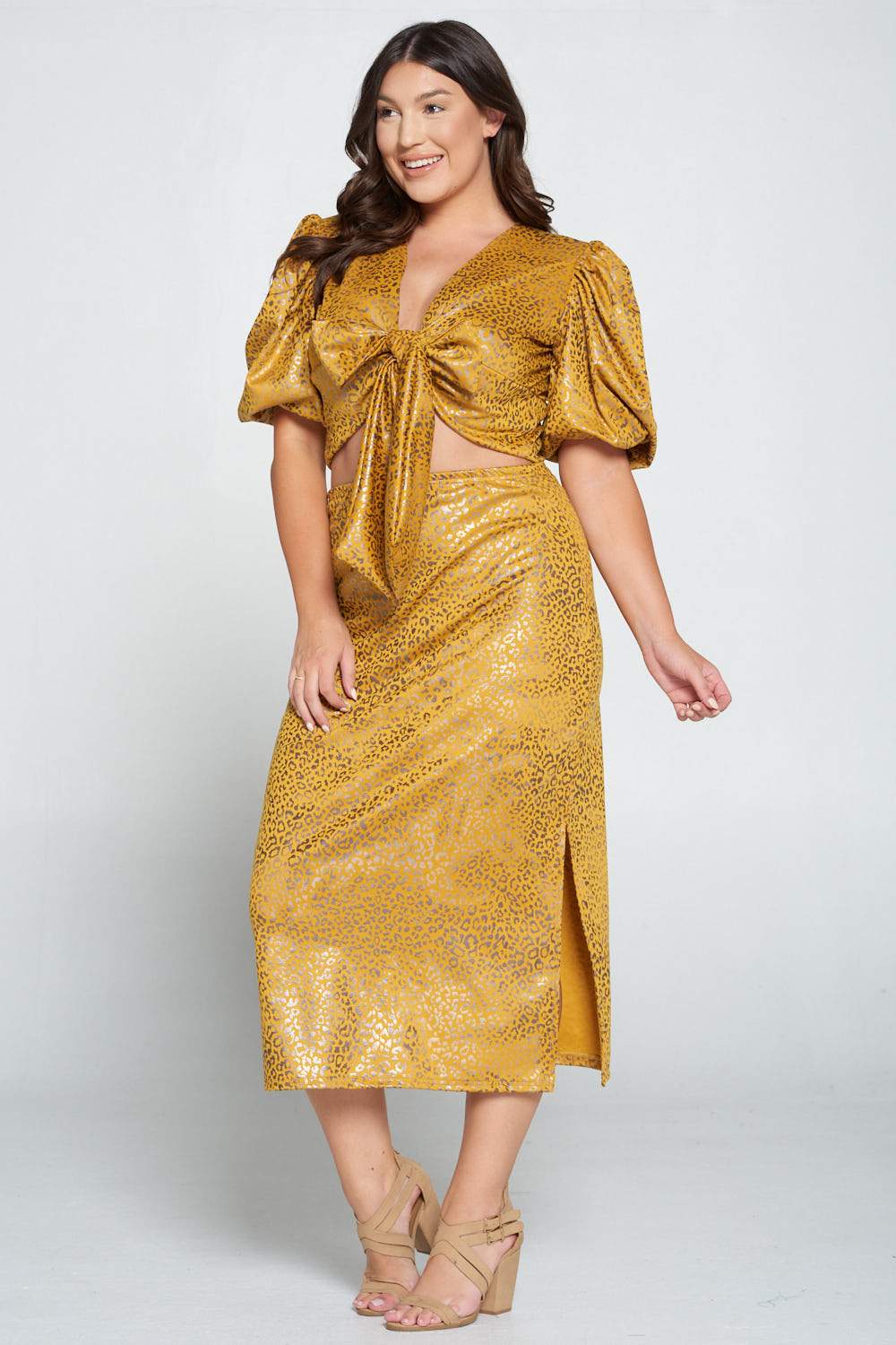 livd L I V D women's trendy contemporary plus size clothing cheetah animal silver foil print wrap top with exaggerated sleeves and high waist midi skirt in mustard yellow 