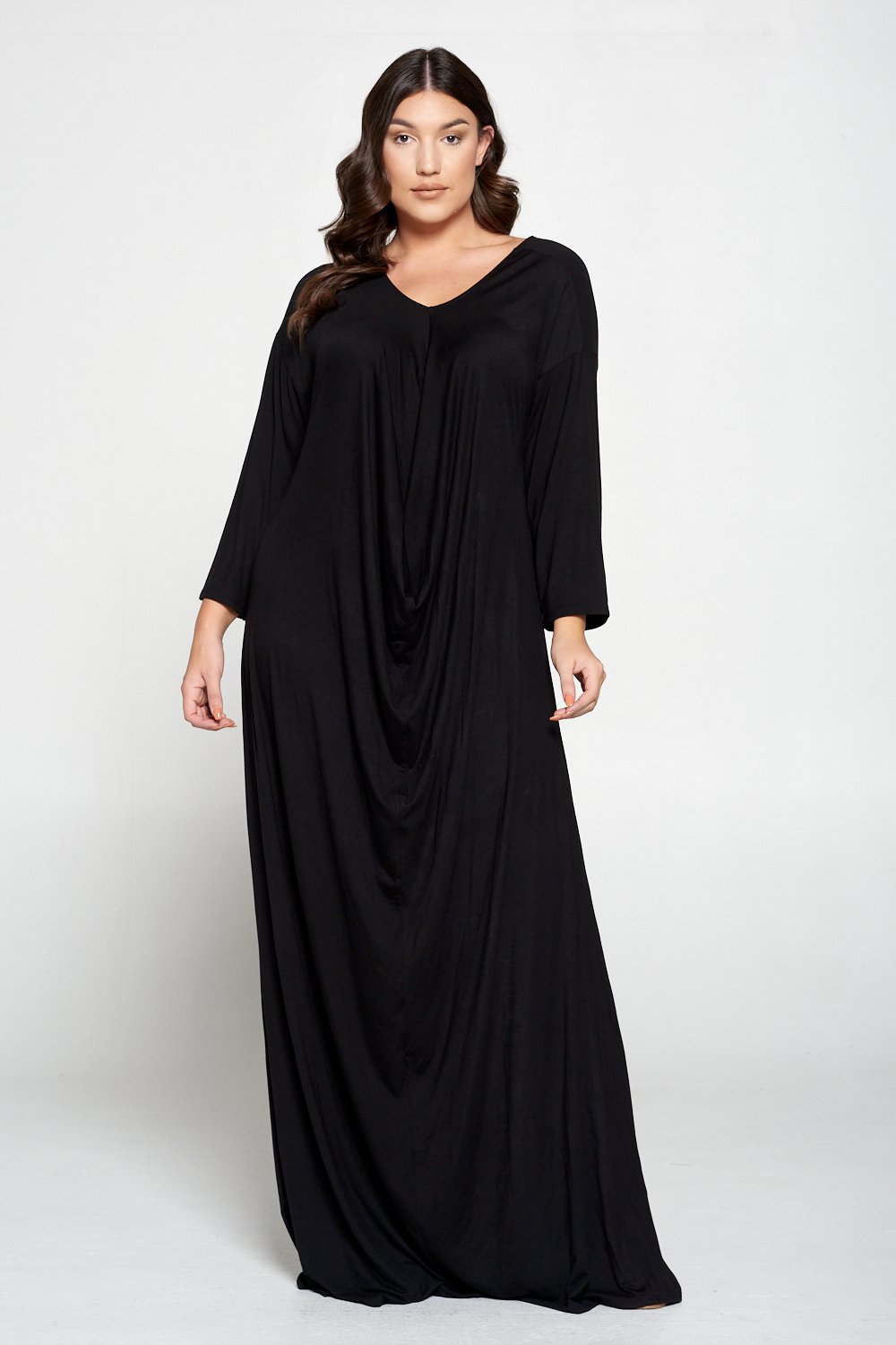 livd L I V D women's plus size fashion floor length drape dress in black color with long sleeves made in USA