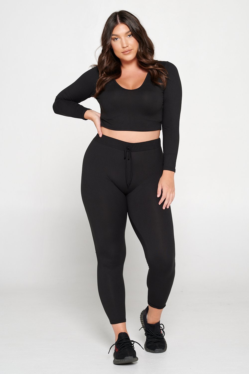 livd L I V D women's contemporary plus size  scoop neck crop hoodie and elastic band sweatpant with faux drawstring in black