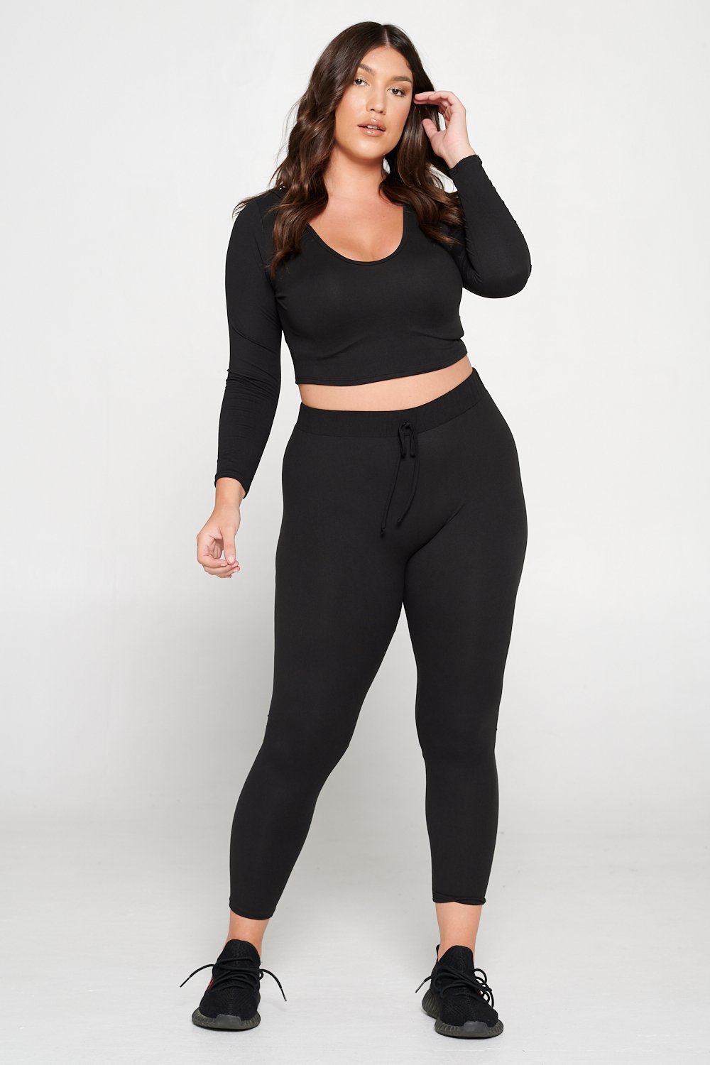 livd L I V D women's contemporary plus size  scoop neck crop hoodie and elastic band sweatpant with faux drawstring in black