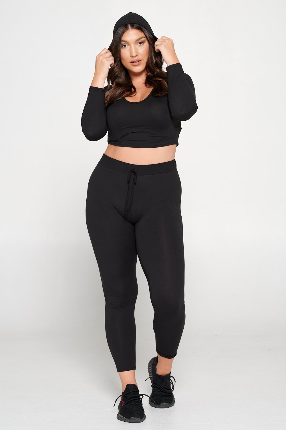 livd L I V D women's contemporary plus size  scoop neck crop hoodie and elastic band sweatpant with faux drawstring in black