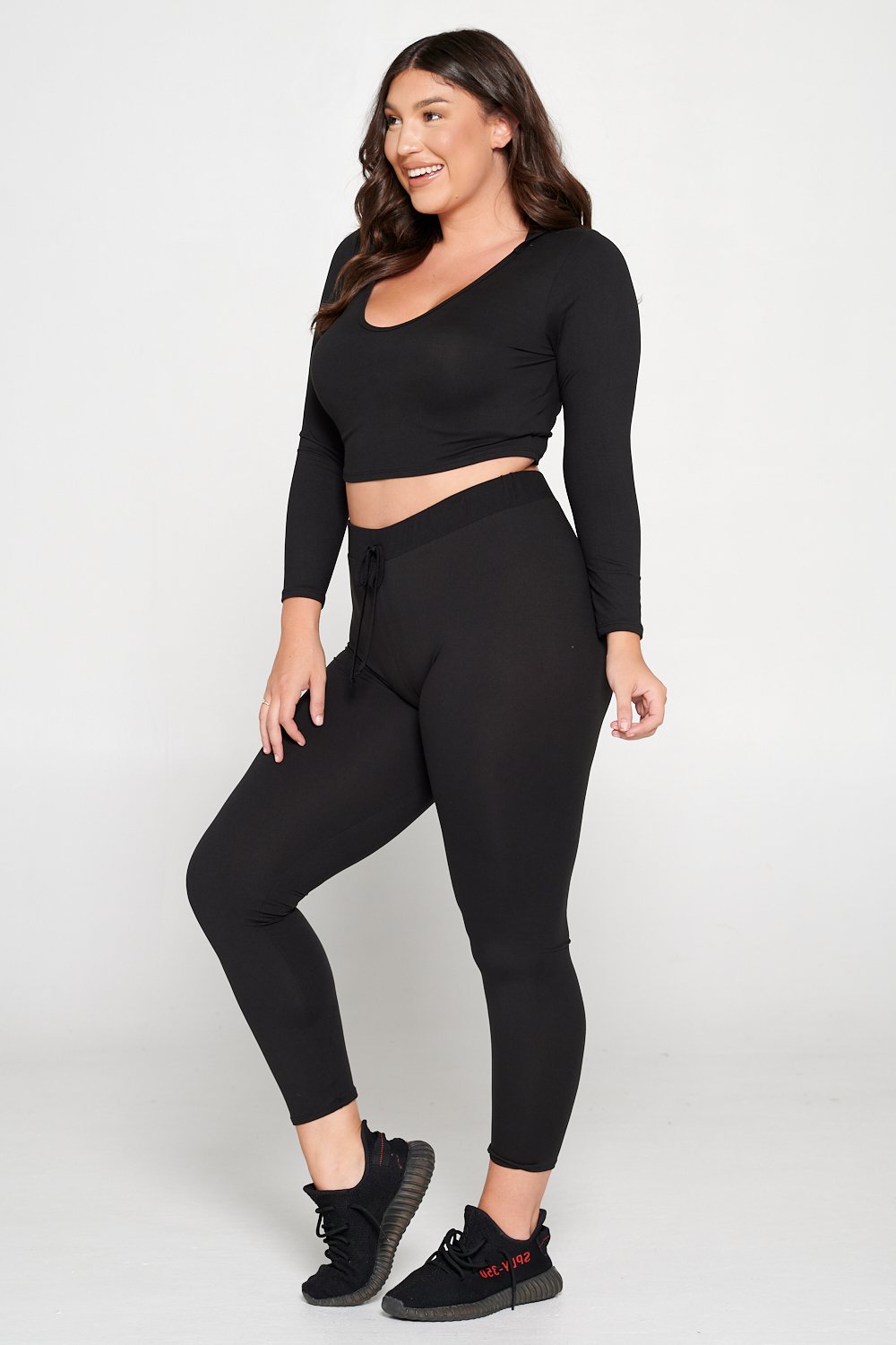 livd L I V D women's contemporary plus size  scoop neck crop hoodie and elastic band sweatpant with faux drawstring in black