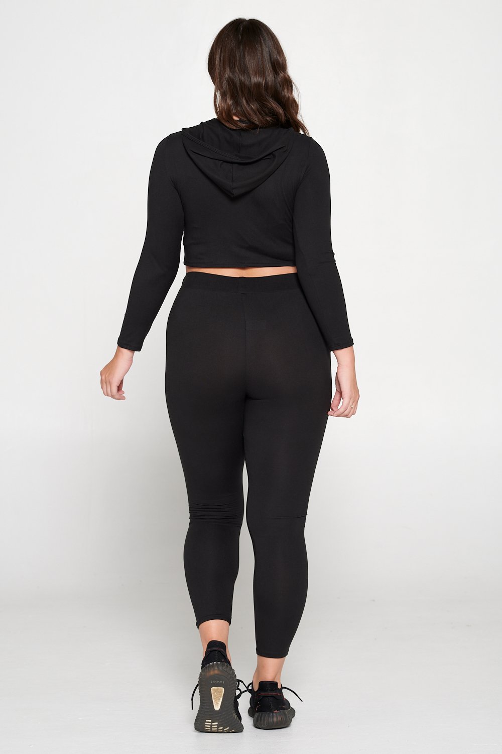 livd L I V D women's contemporary plus size  scoop neck crop hoodie and elastic band sweatpant with faux drawstring in black