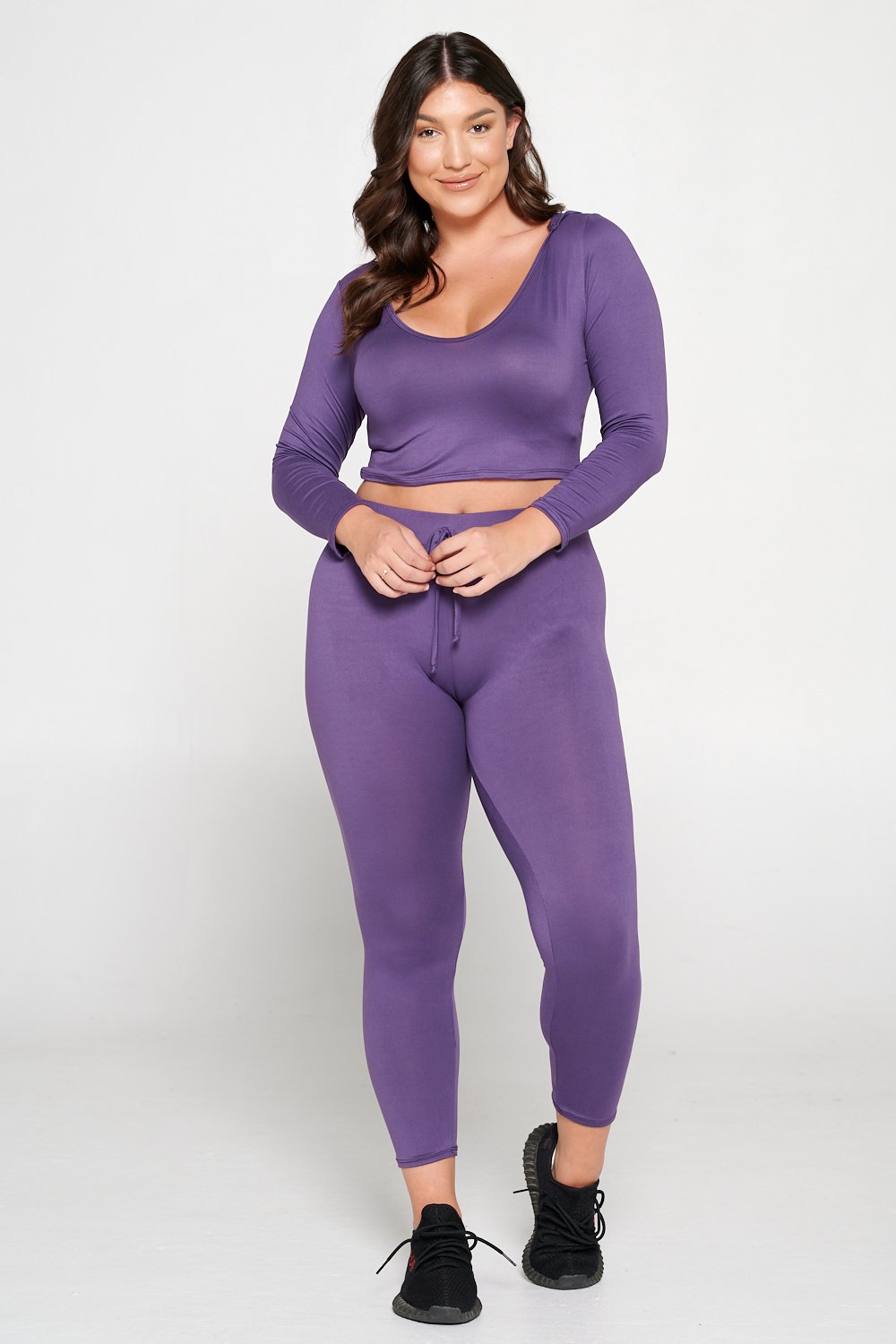 livd L I V D women's contemporary plus size  scoop neck crop hoodie and elastic band sweatpant with faux drawstring in dusty wine purple