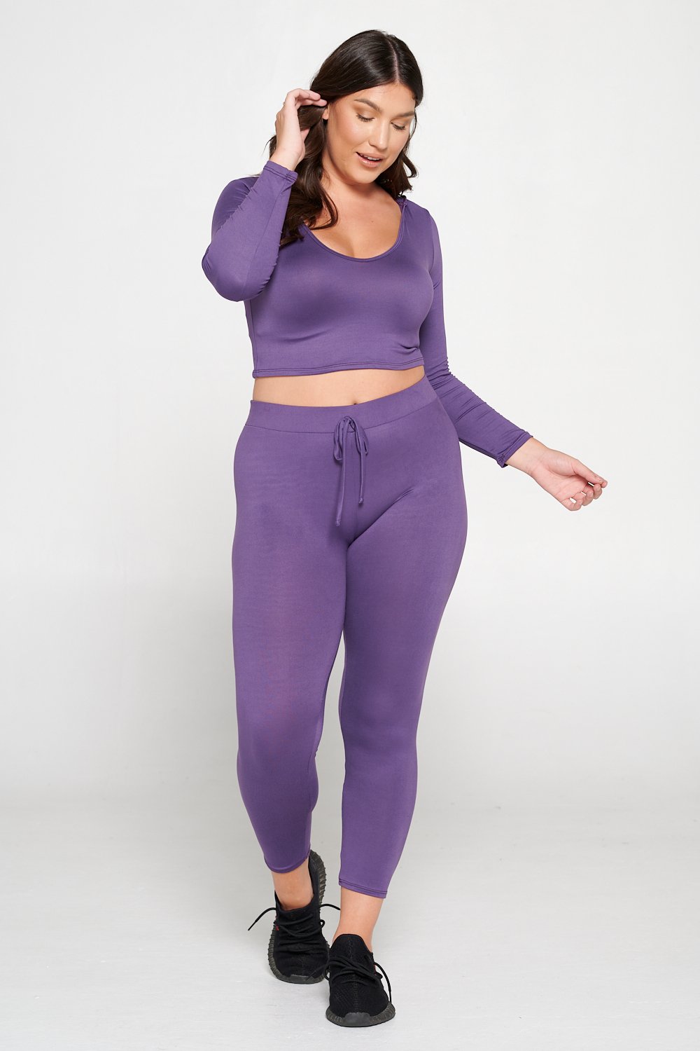 livd L I V D women's contemporary plus size  scoop neck crop hoodie and elastic band sweatpant with faux drawstring in dusty wine purple