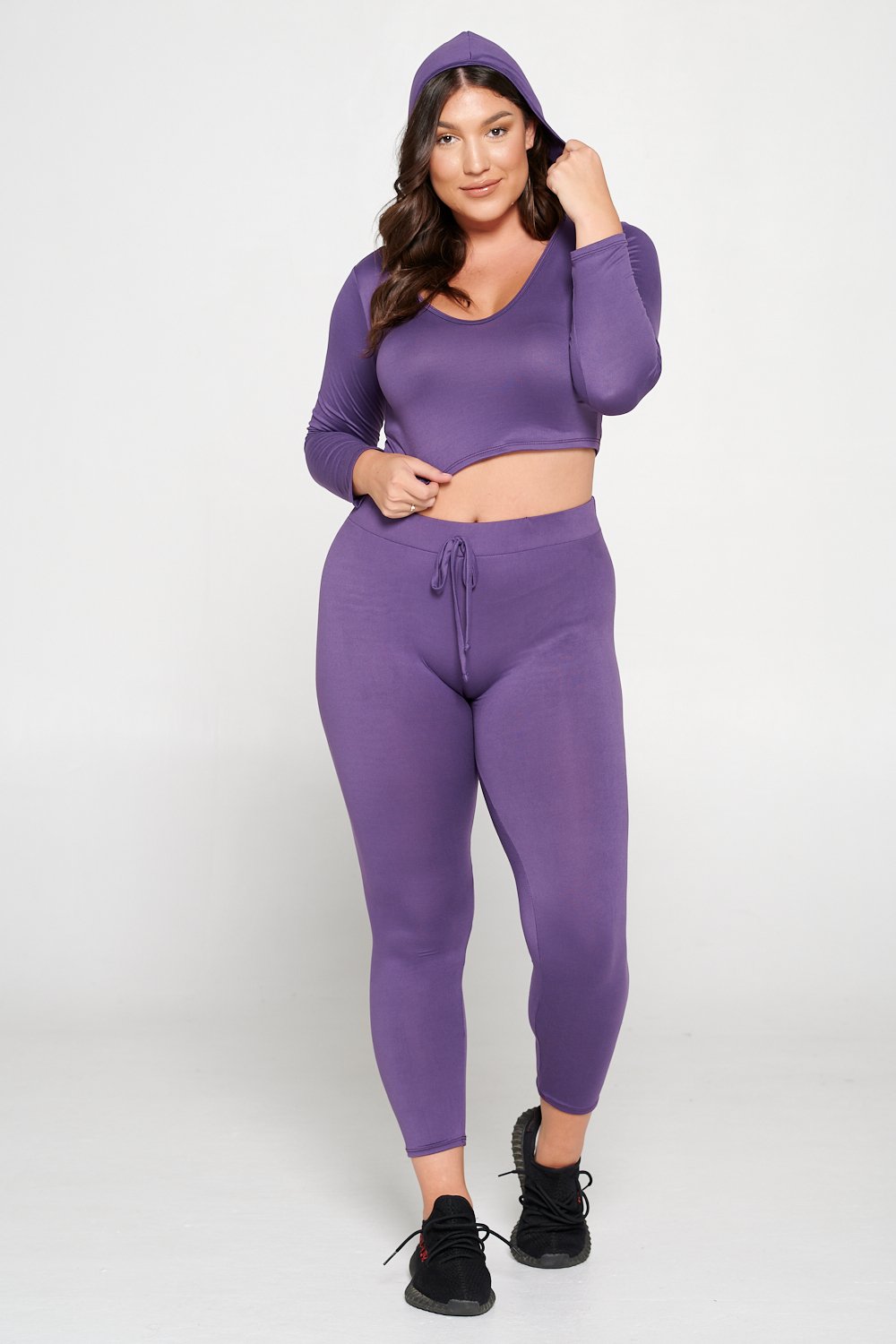 livd L I V D women's contemporary plus size  scoop neck crop hoodie and elastic band sweatpant with faux drawstring in dusty wine purple