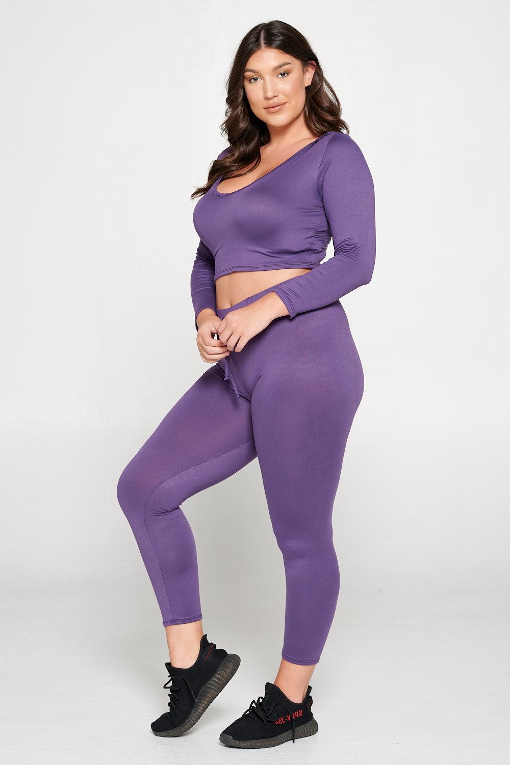 livd L I V D women's contemporary plus size  scoop neck crop hoodie and elastic band sweatpant with faux drawstring in dusty wine purple