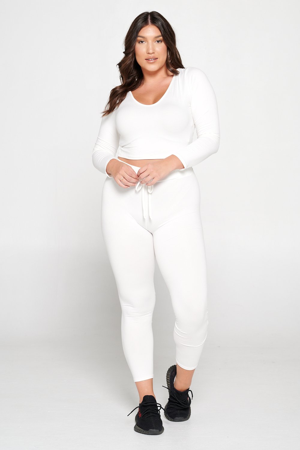 livd L I V D women's contemporary plus size  scoop neck crop hoodie and elastic band sweatpant with faux drawstring in off white