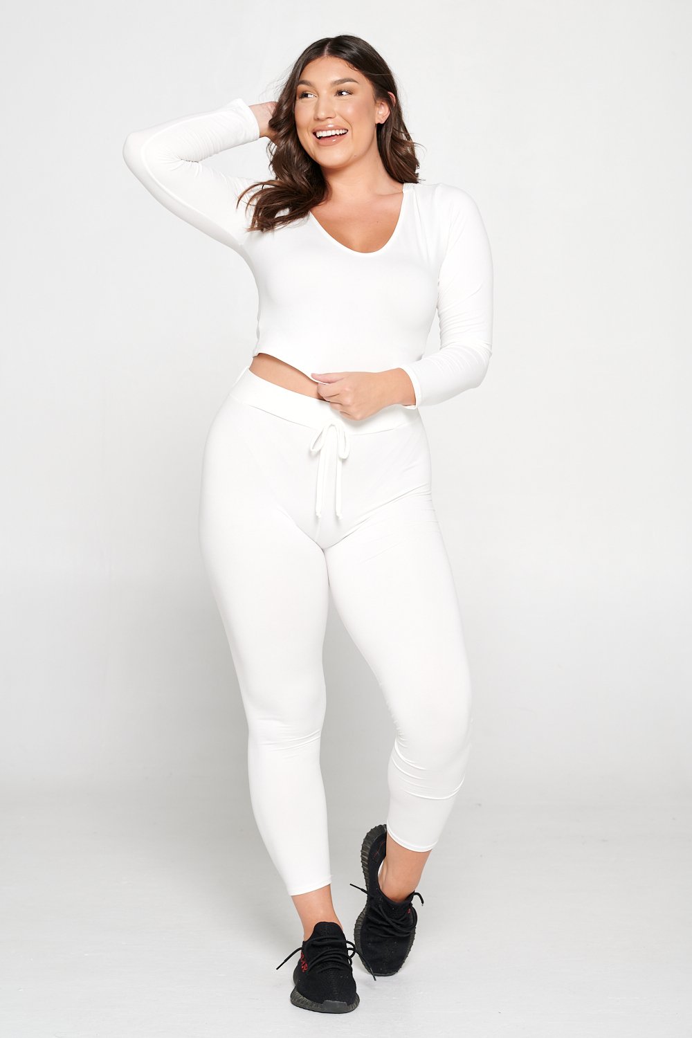 livd L I V D women's contemporary plus size  scoop neck crop hoodie and elastic band sweatpant with faux drawstring in off white
