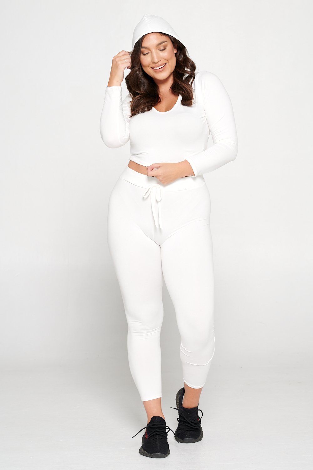 livd L I V D women's contemporary plus size  scoop neck crop hoodie and elastic band sweatpant with faux drawstring in off white