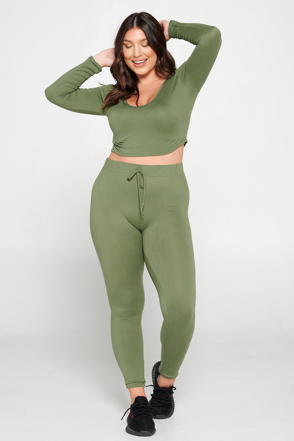 livd L I V D women's contemporary plus size  scoop neck crop hoodie and elastic band sweatpant with faux drawstring in moss green