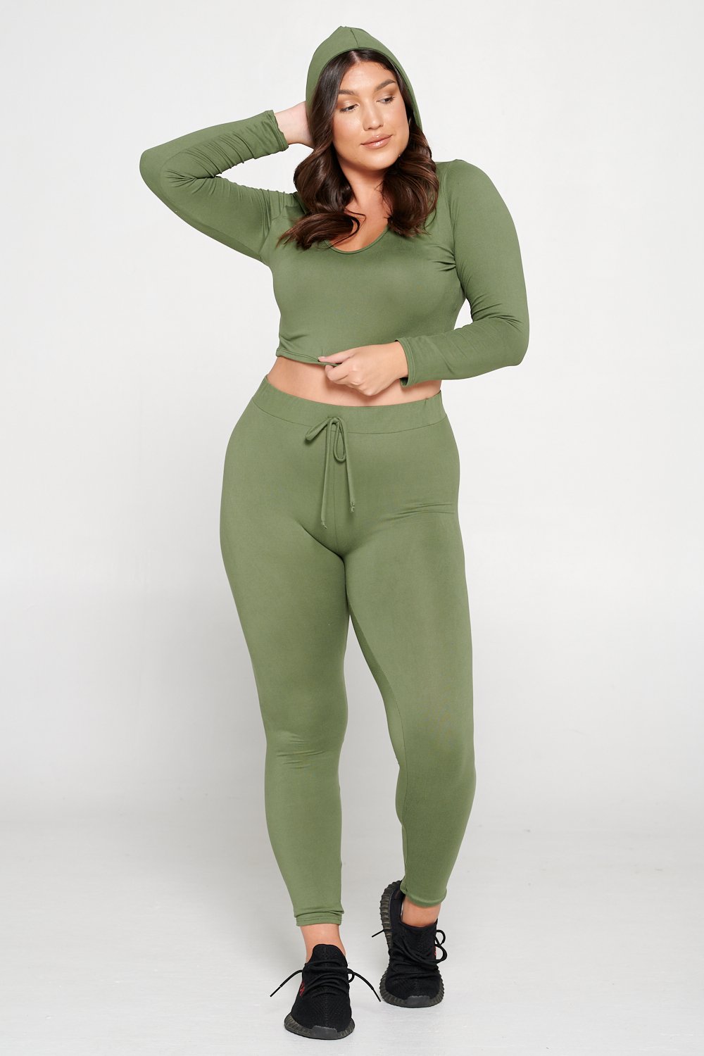 livd L I V D women's contemporary plus size  scoop neck crop hoodie and elastic band sweatpant with faux drawstring in moss green