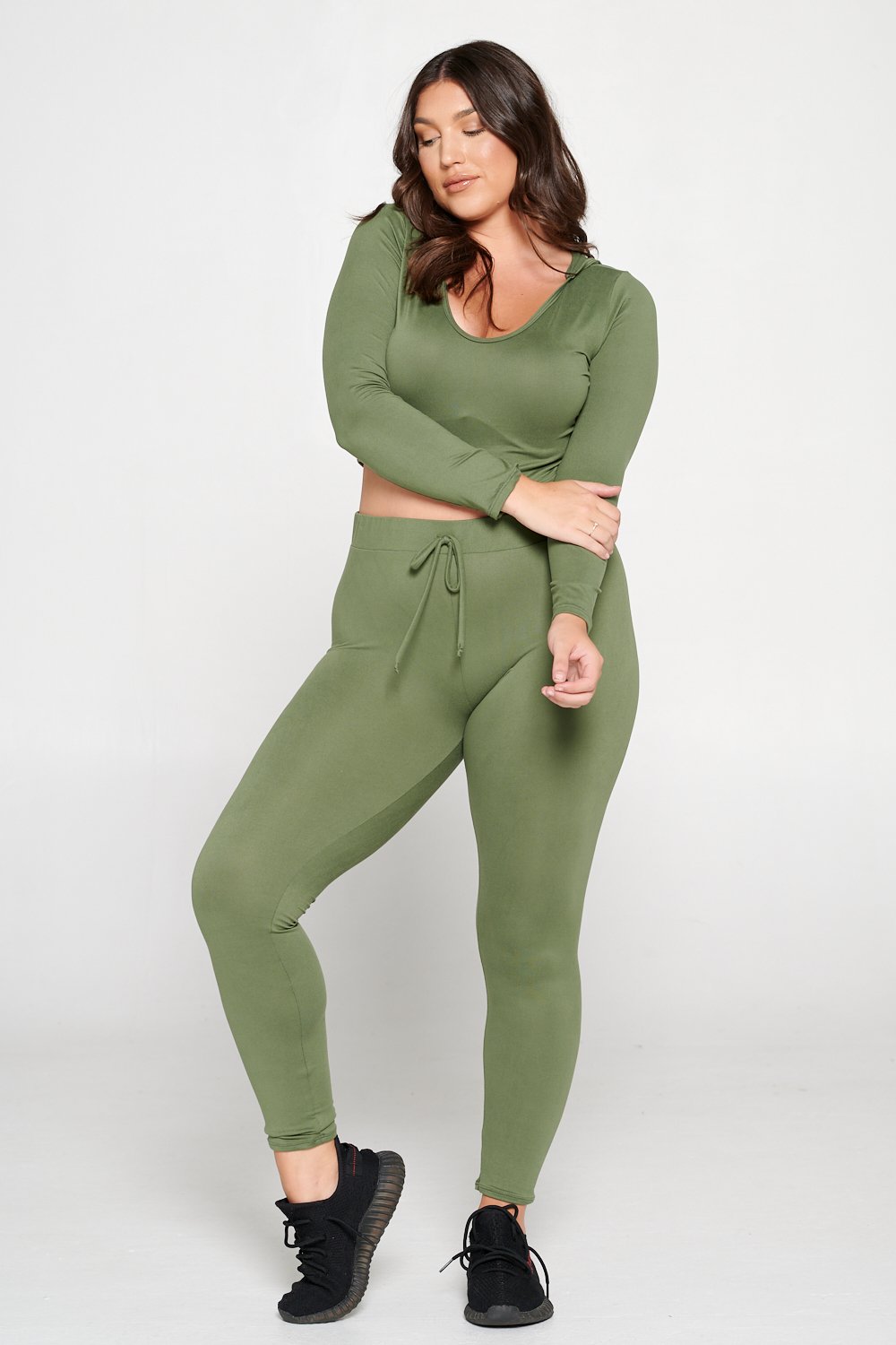 livd L I V D women's contemporary plus size  scoop neck crop hoodie and elastic band sweatpant with faux drawstring in moss green