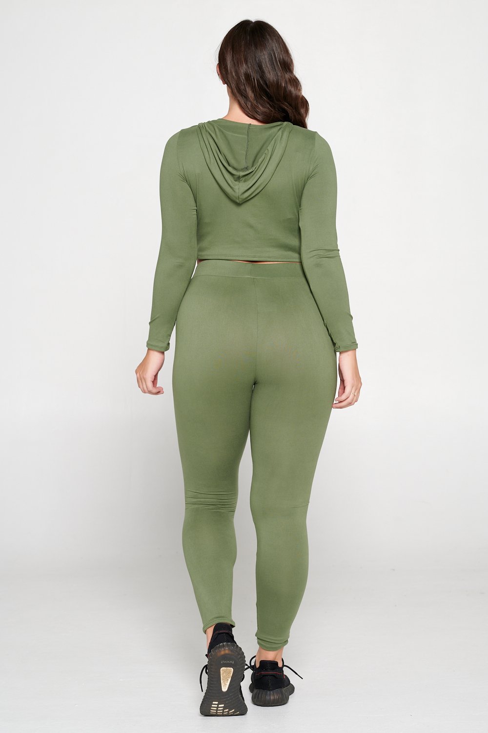 livd L I V D women's contemporary plus size  scoop neck crop hoodie and elastic band sweatpant with faux drawstring in moss green