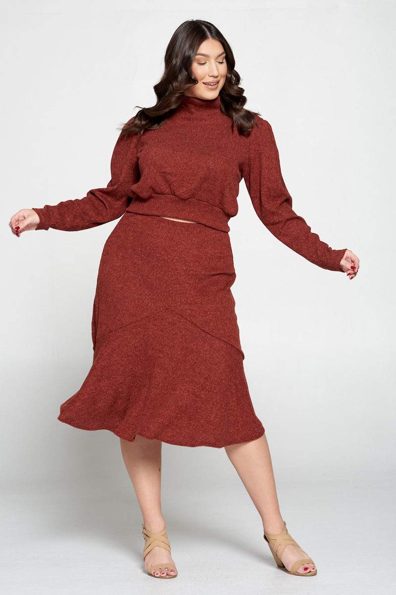 livd L I V D plus size boutique brushed hacci rib sweater top and skirt in rust