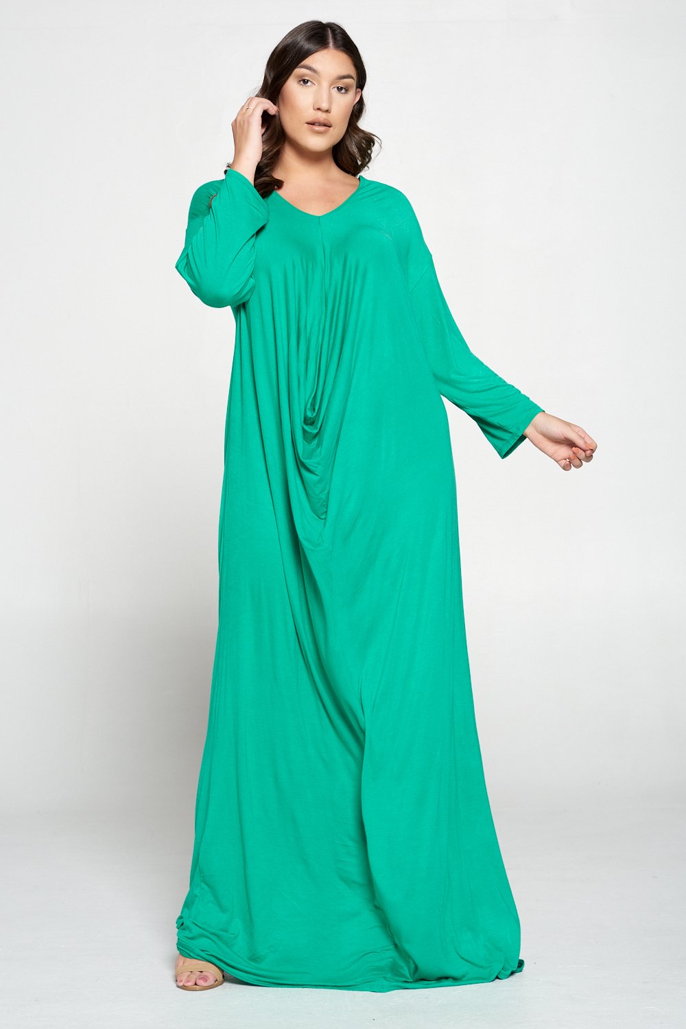 livd L I V D women's plus size fashion floor length drape dress in palm green color with long sleeves made in USA