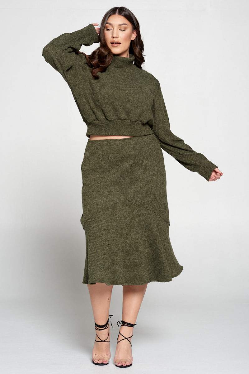 livd L I V D plus size boutique brushed hacci rib sweater top and skirt in olive green
