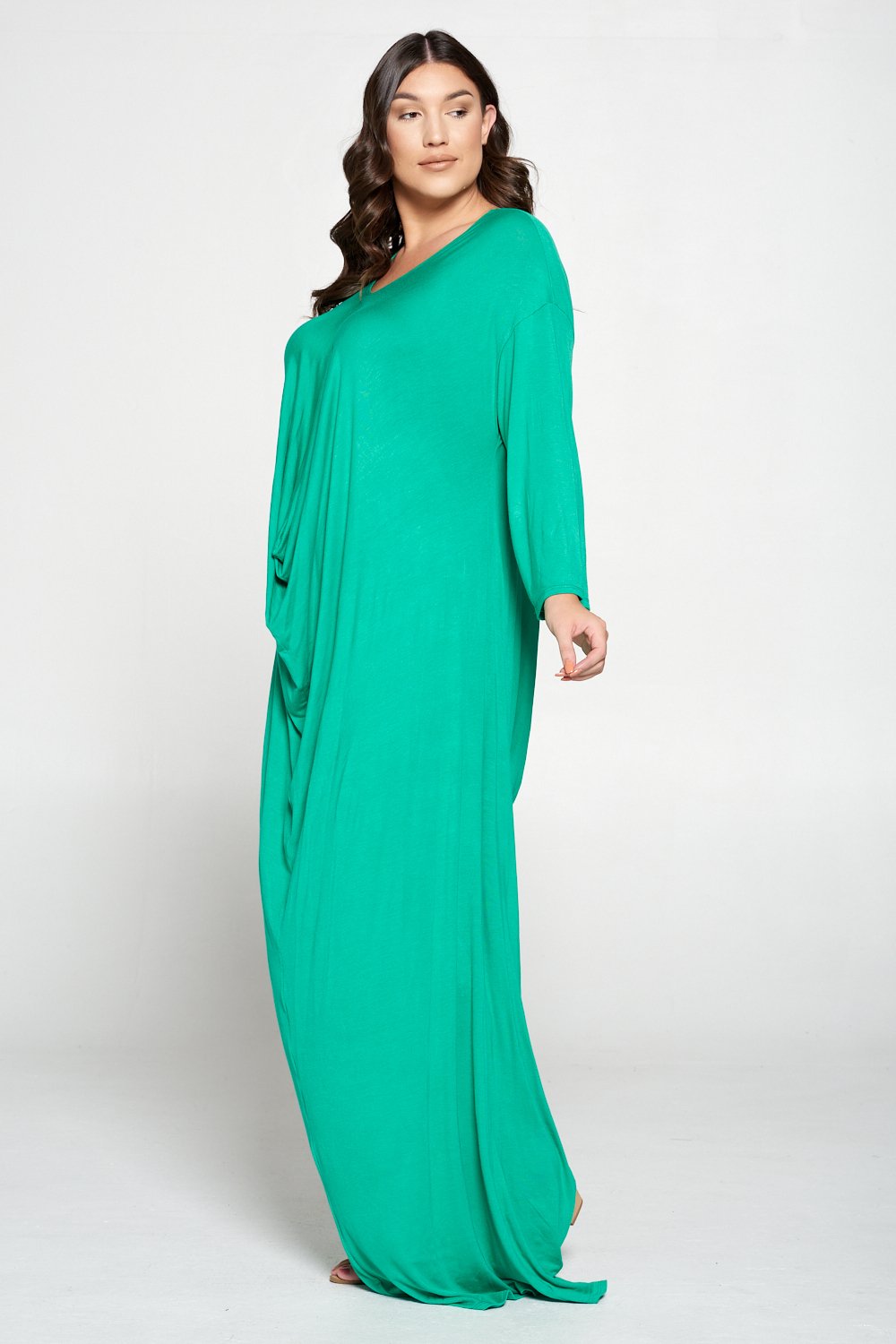 livd L I V D women's plus size fashion floor length drape dress in palm green color with long sleeves made in USA