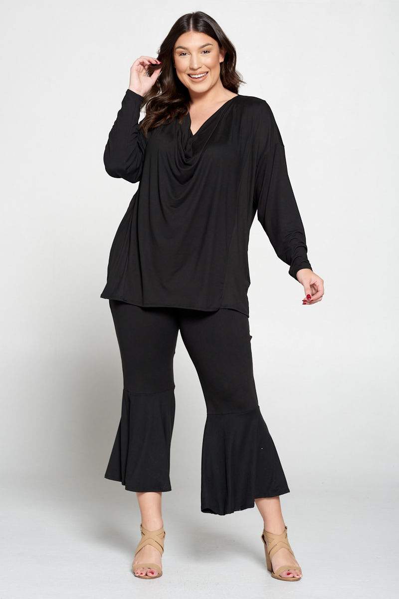 livd plus size boutique women's contemporary plus size clothing draped top and flared pants loungewear set in black