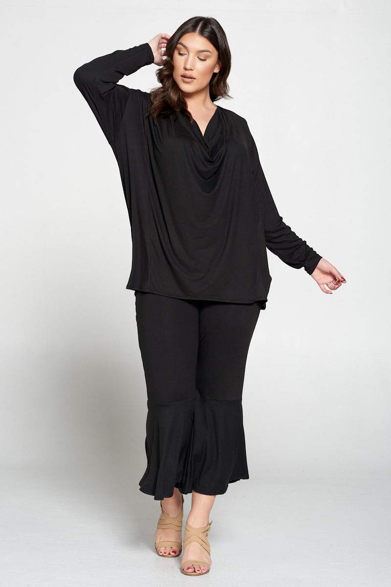 livd plus size boutique women's contemporary plus size clothing draped top and flared pants loungewear set in black