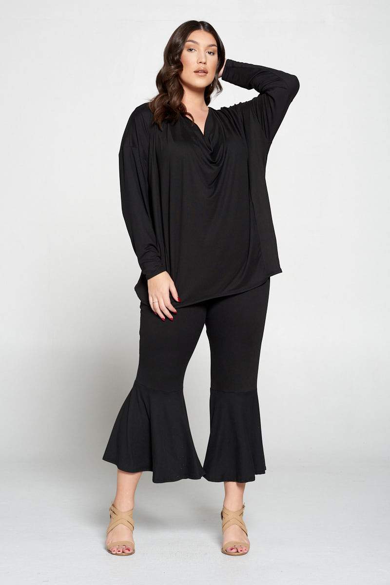 livd plus size boutique women's contemporary plus size clothing draped top and flared pants loungewear set in black