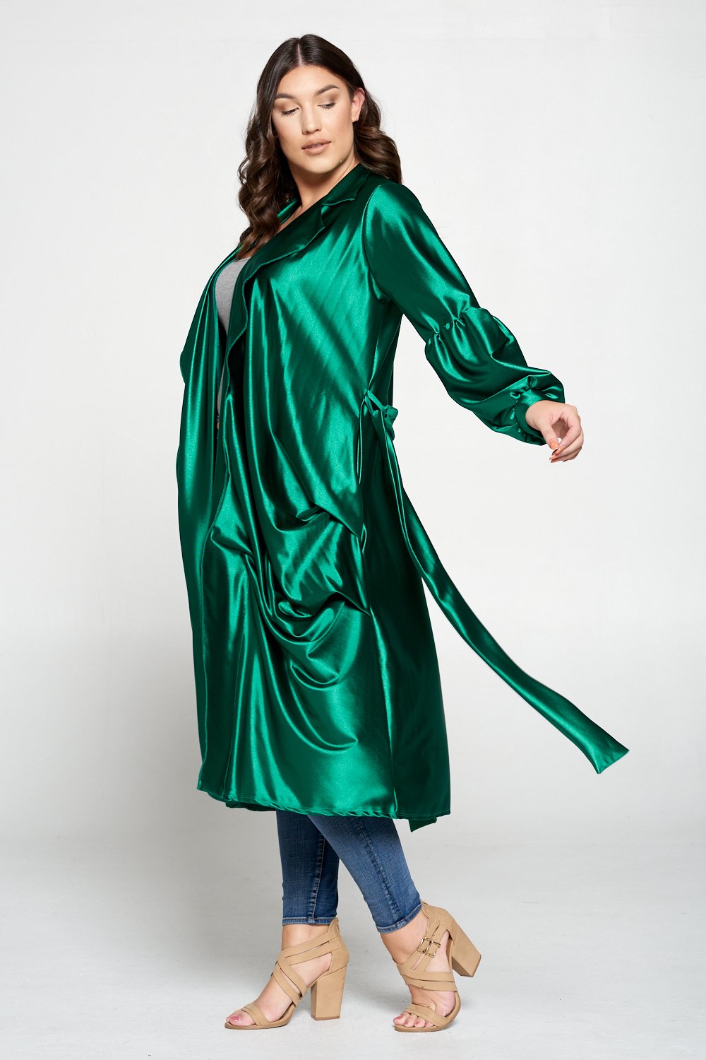 livd L I V D women's contemporary plus size fashion tie coat in shiny stretch satin in gucci green emerald
