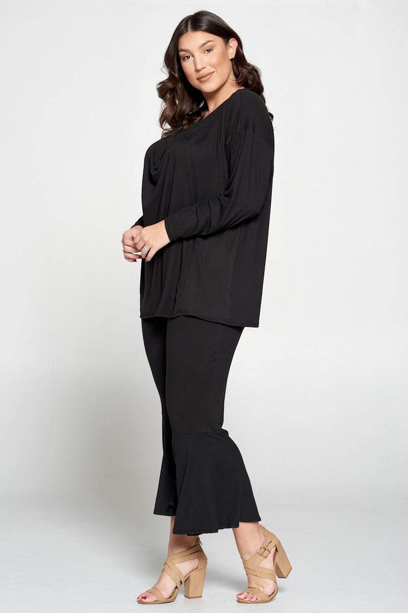 livd plus size boutique women's contemporary plus size clothing draped top and flared pants loungewear set in black