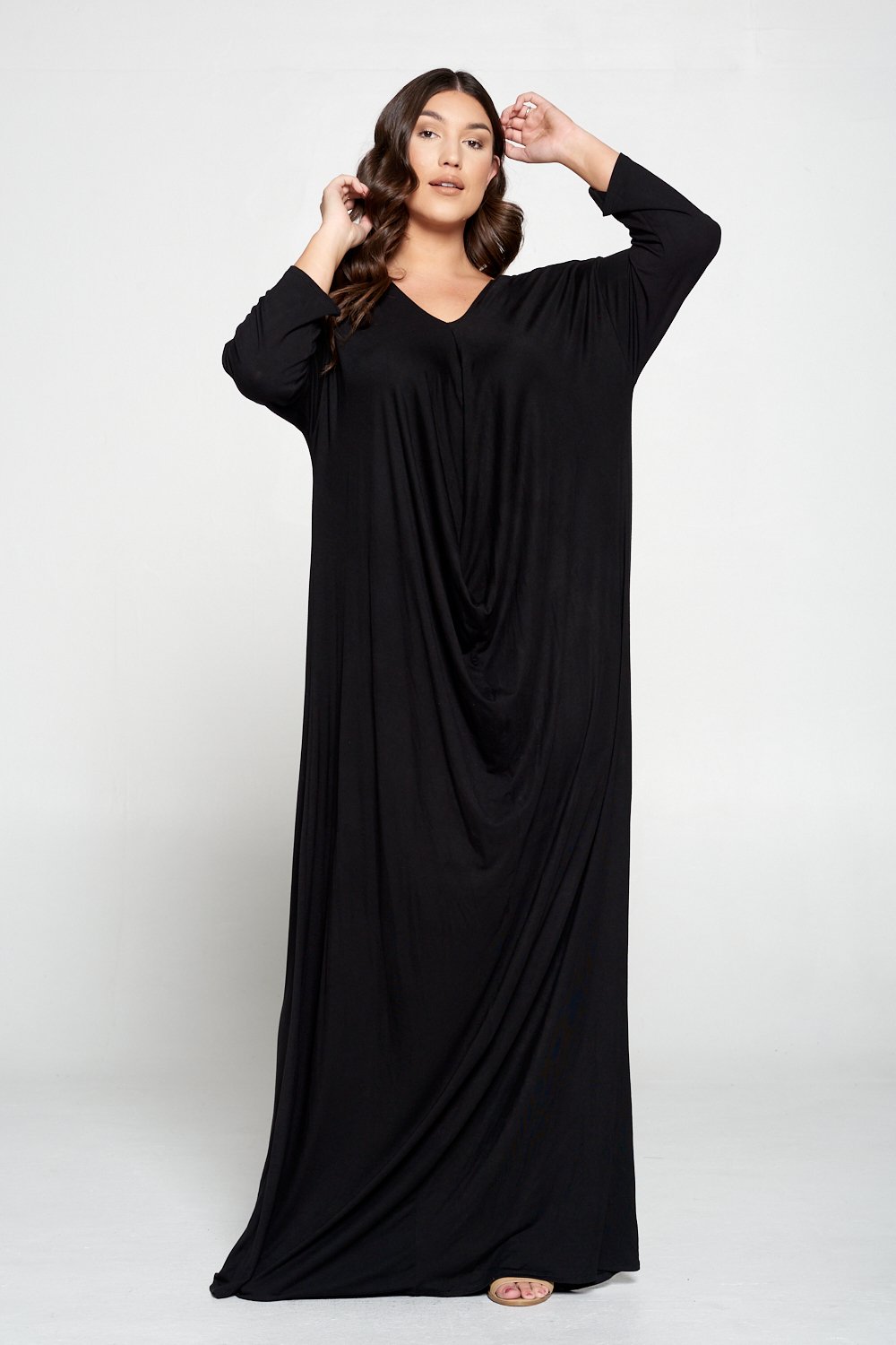 livd L I V D women's plus size fashion floor length drape dress in black color with long sleeves made in USA