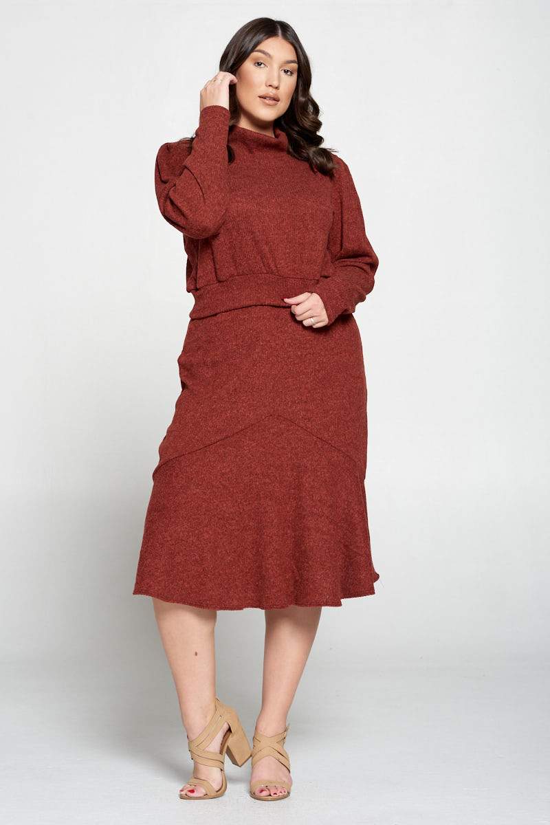 livd L I V D plus size boutique brushed hacci rib sweater top and skirt in rust