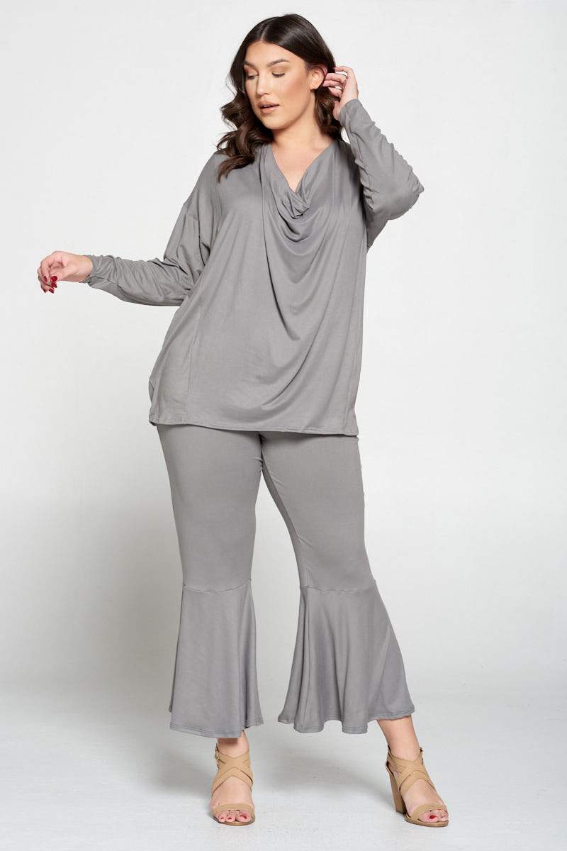 livd plus size boutique women's contemporary plus size clothing draped top and flared pants loungewear set in steel