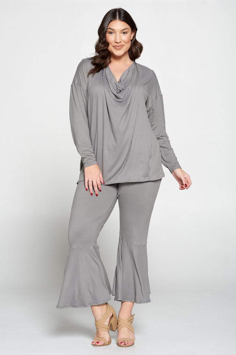 livd plus size boutique women's contemporary plus size clothing draped top and flared pants loungewear set in steel