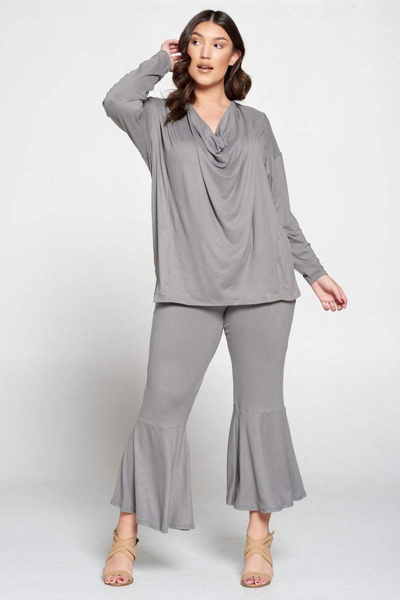 livd plus size boutique women's contemporary plus size clothing draped top and flared pants loungewear set in steel