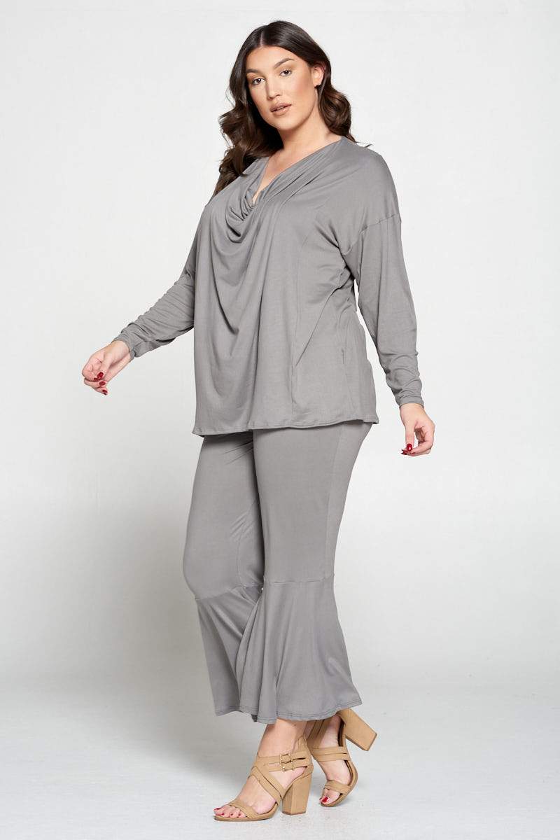 livd plus size boutique women's contemporary plus size clothing draped top and flared pants loungewear set in steel