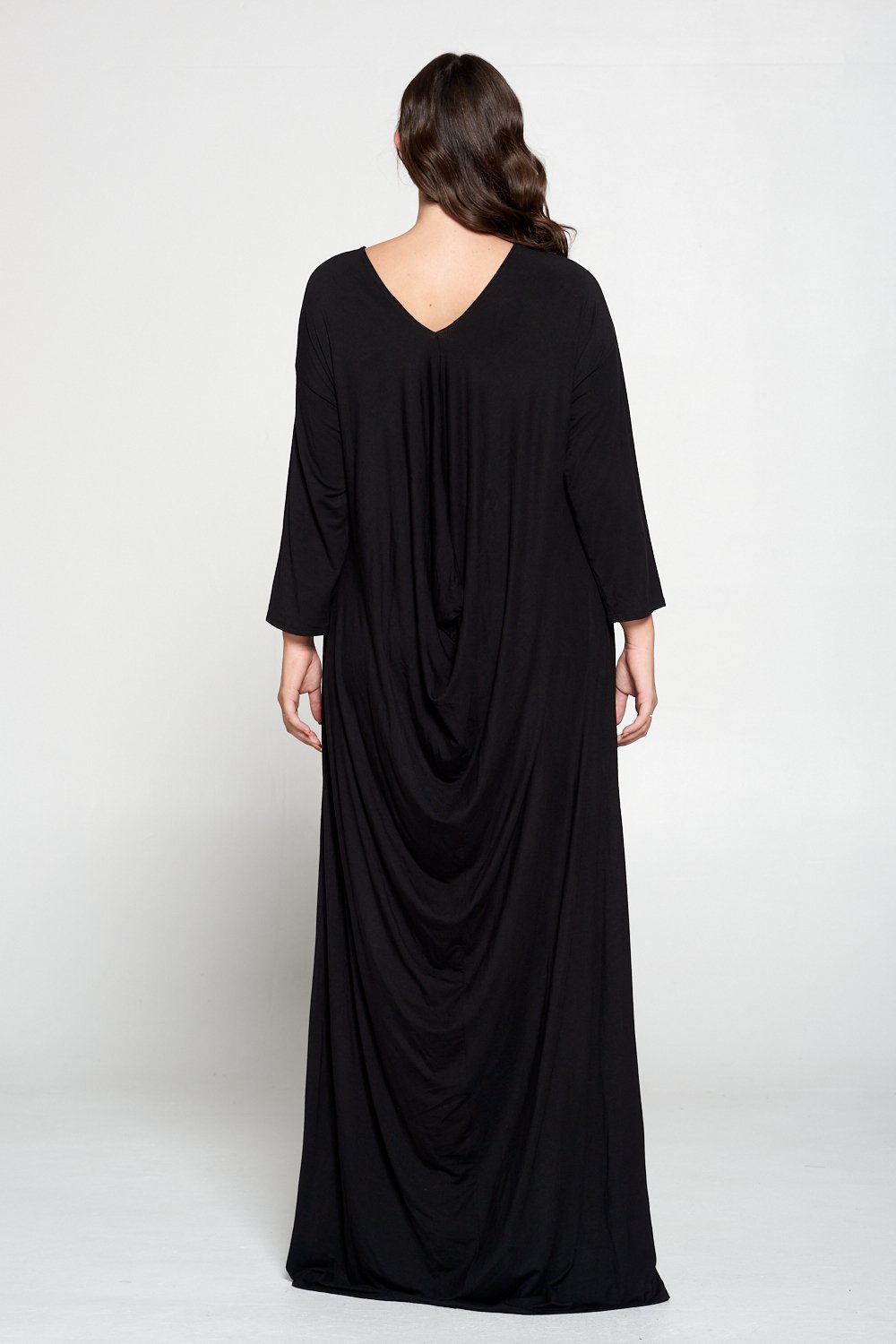 livd L I V D women's plus size fashion floor length drape dress in black color with long sleeves made in USA