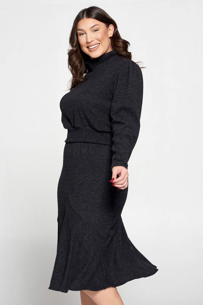 livd L I V D plus size boutique brushed hacci rib sweater top and skirt in black