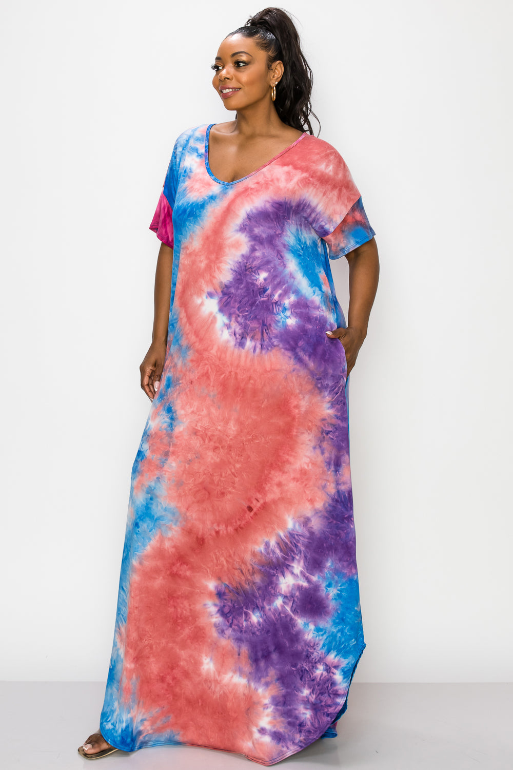 Tie Dye Short Sleeve Maxi Dress - L I V D