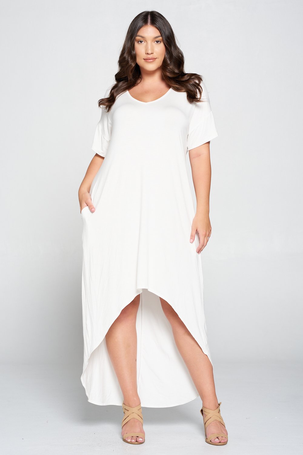 livd L I V D women's contemporary plus size clothing high low hi lo dress with pockets v neck sleeves in white ivory